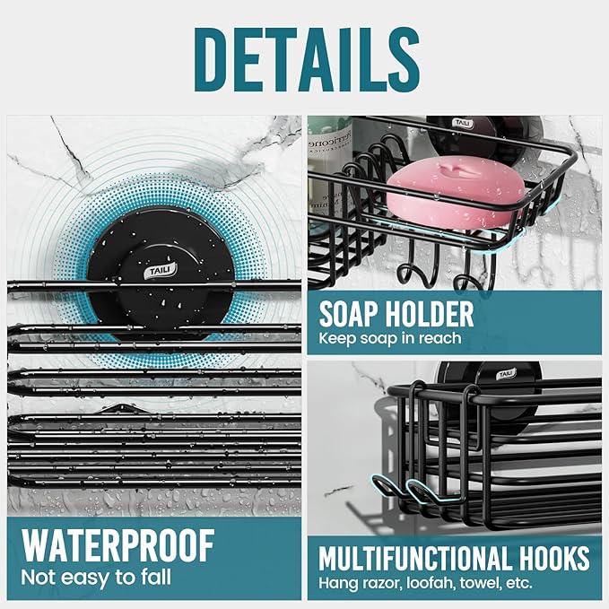 TAILI Shower Caddy Suction Cup 2 Pack with Hooks & Soap holder, Heavy Duty Shower Organizer for Bathroom, No Drilling Bathroom Organizer with Large Capacity, Black Metal Storage Basket - ModernBath