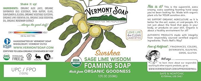 VERMONT SOAP Organic Sage Lime Wisdom Foaming Hand Soap - Natural Moisturizing Soap for Dry Skin - Fragrance Free Liquid Bathroom Hand Soap Dispenser - Sage Lime Wisdom - 12 oz - ModernBath