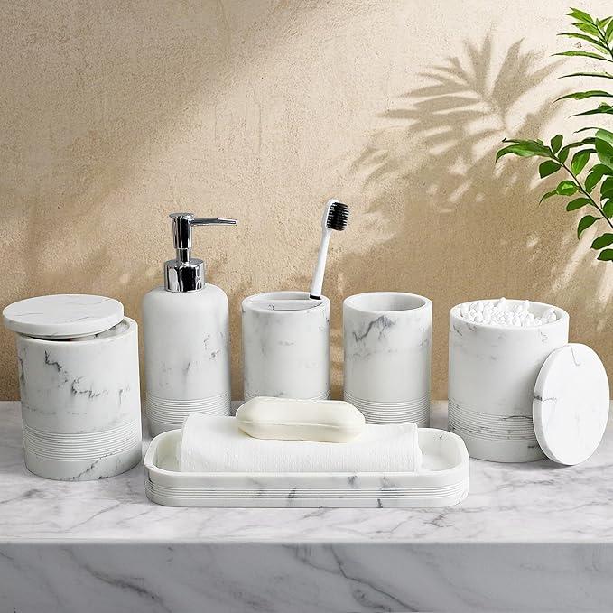LIN CHUAN 6-Piece Bathroom Accessories Set, Organizer Set with Soap Dispenser, Toothbrush Holder Set, Vanity Tray, Tumbler & 2 Cotton Swab Jars – Modern Stylish Bathroom Storage(Marble White) - ModernBath
