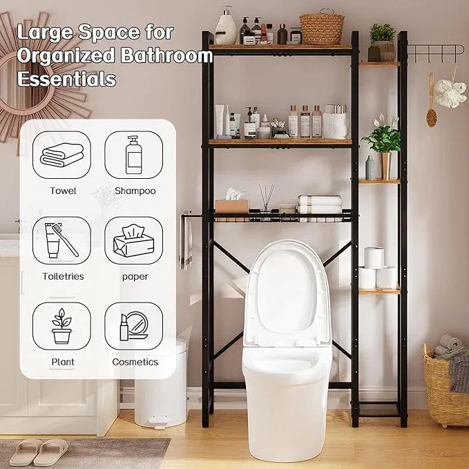 Over The Toilet Storage with Side Shelf, 7 Tier Bathroom Organizer Rack with Paper Holder, Hooks and Basket, Freestanding Above Toilet Shelf for Laundry, Quick Interlock Install (Vintage Brown) - ModernBath
