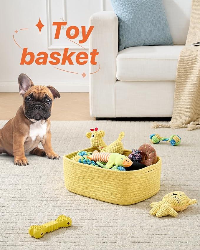 Small Woven Basket, 13.5 x 9.5 x 5 Inches, Storage Basket for Organizing, Cute Small Rope Shelf Closet Cube Storage Bins Baskets for Shelves, Dog Toy Gift Baskets Empty, 3 Pack Yellow - ModernBath