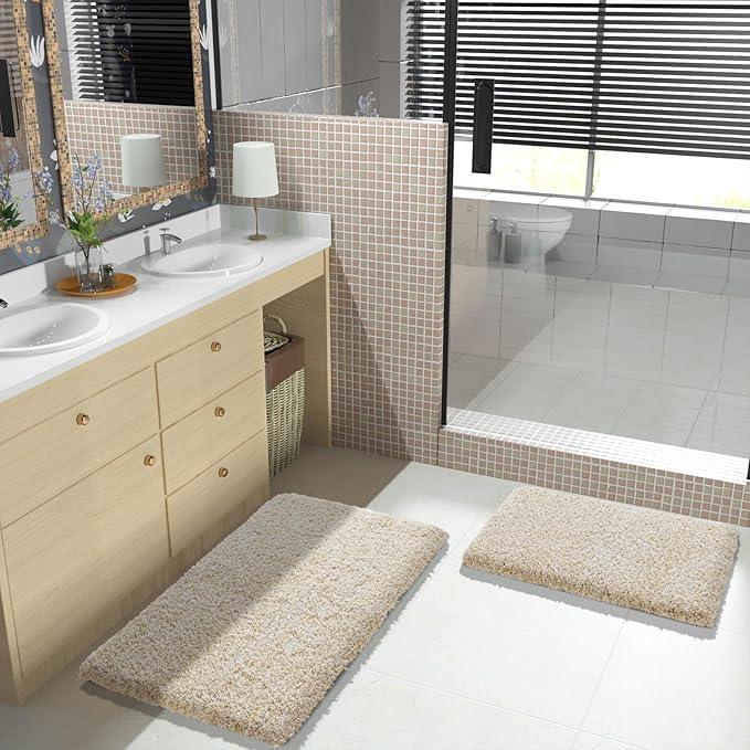 Yimobra Bathroom Rug Set 2 Piece, Soft Absorbent Microfiber Bath Mat Set, Non Slip Machine Washable Dry, Plush Shaggy Shower Rugs for Bathroom Floor, 32"x20"+24"x17", Light Beige & White - ModernBath