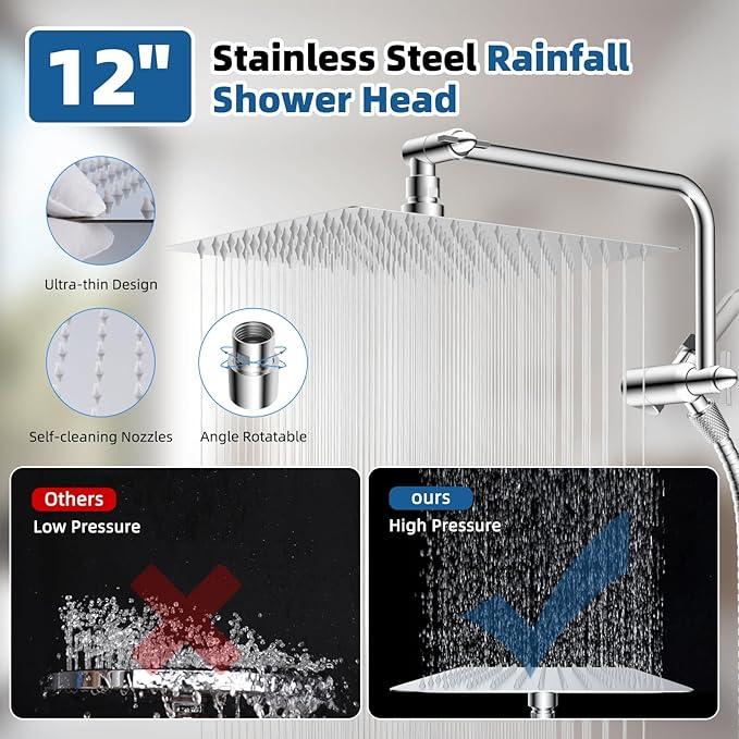 12" All Metal Shower Head, High Pressure Rainfall Shower Head/Handheld Showerhead Combo with 11" Adjustable Shower Extension Arm, 71" Hose, Shower Head Holder, Chrome - ModernBath