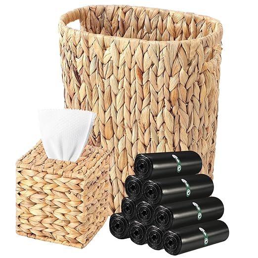Wicker Trash Can with 150 Count 5 Gallon Trash Bag, Square Tissue Box Holder, Handwoven Waterproof Waste Basket 15L with Handles, Wicker Home Set for Bedroom, Bathroom, Kitchen (Black Trash Bag)