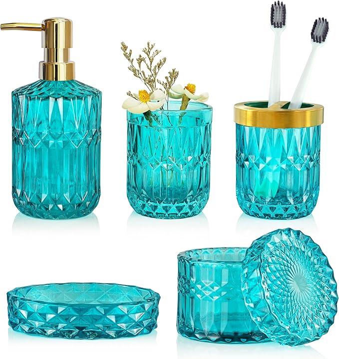LaMarriti Teal Blue Bathroom Accessories Set, 5Pcs Clear Glass Bathroom Accessories, Hand Soap Dispenser Set, Soap Dish, Toothbrush Holder, Tumbler, Qtip Holder for Crystal Vantage Bathroom Decor - ModernBath