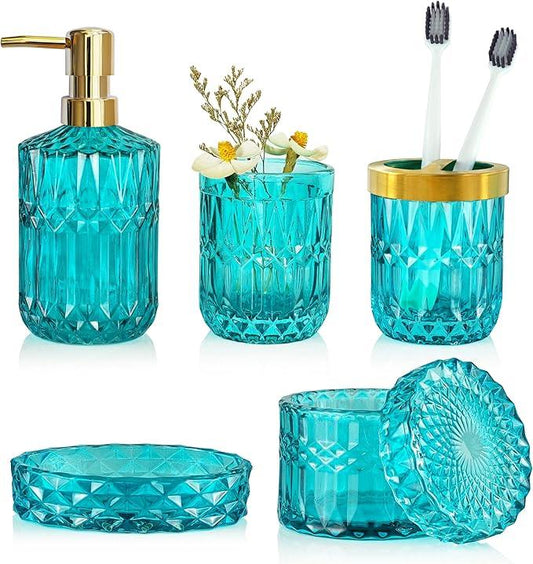 LaMarriti Teal Blue Bathroom Accessories Set, 5Pcs Clear Glass Bathroom Accessories, Hand Soap Dispenser Set, Soap Dish, Toothbrush Holder, Tumbler, Qtip Holder for Crystal Vantage Bathroom Decor - ModernBath