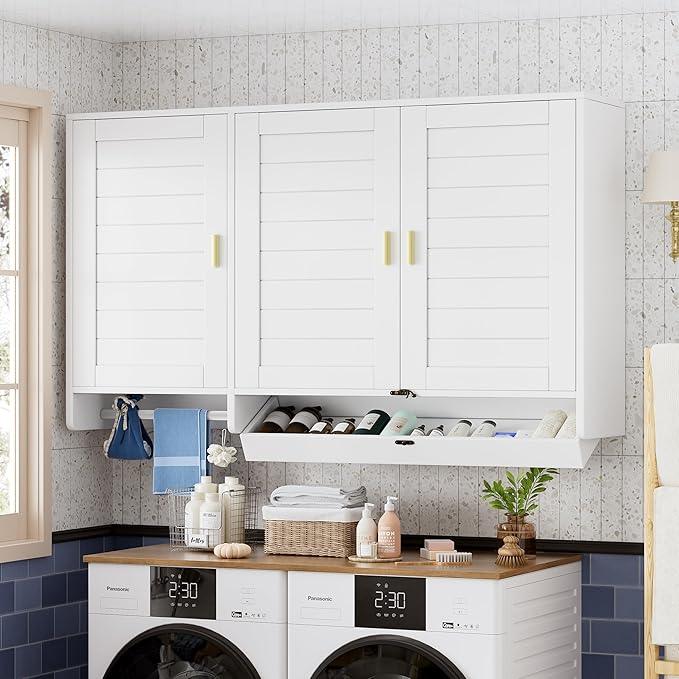 PAKASEPT 44.8" W Kitchen Wall Cabinet, Laundry Room Cabinets - Bathroom Wall Cabinet with Flip-Bottom Drawer and Hanging Rod, Storage Cabinets for Bathroom, Kitchen, Entryway, Laundry Room - ModernBath