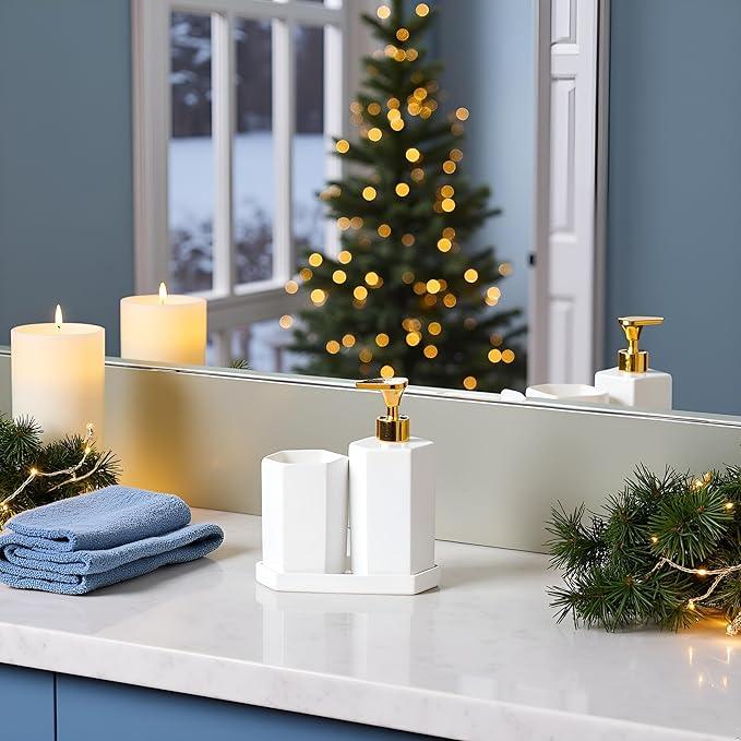 Ceramic Bathroom Accessories Complete with Soap Dispenser, Toothbrush Holder, Bathroom Tumbler, and Vanity Tray - Modern Bathroom Decor,3PCS (Gold) - ModernBath