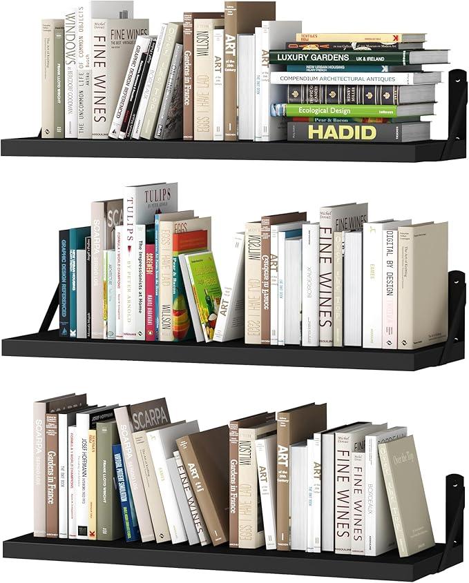 upsimples Floating Book Shelves for Wall, 23.6 Inches Floating Wood Shelves for Living Room, Laundry Room, Bedroom, Office Organizer and Storage, Black - ModernBath