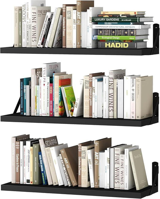 upsimples Floating Book Shelves for Wall, 23.6 Inches Floating Wood Shelves for Living Room, Laundry Room, Bedroom, Office Organizer and Storage, Black - ModernBath