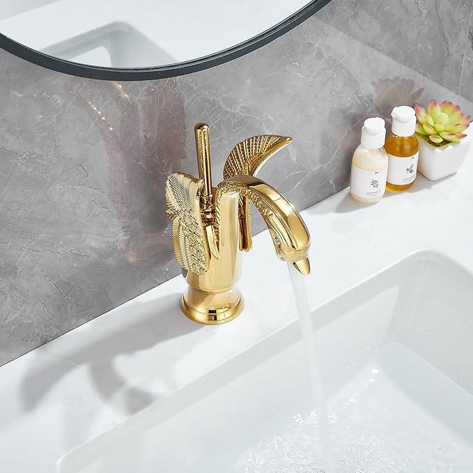 Gold Bathroom Faucet GGStudy Swan Shape Single Handle One Hole Bathroom Vanity Faucet Basin Tap Deck Mount Lavatory - ModernBath