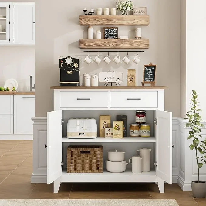 HORSTORS Kitchen Storage Cabinet, Modern Farmhouse Buffet Cabinet with Storage, Coffee Bar with 2 Drawers and 2 Doors, Floor Sideboard Buffet for Living Room, Dining Room, Bathroom, Ivory White - ModernBath