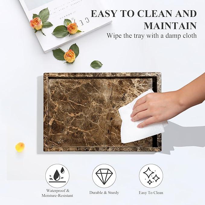Real Natural Marble Tray for Bathroom, Genuine Marble Stone Vanity Tray, Luxury Storage Trays for Kitchen, Vanity, Home Decor, Dresser, Non-Resin/Non-Ceramic, 12"x 8"x 1.2", Dark Brown - ModernBath