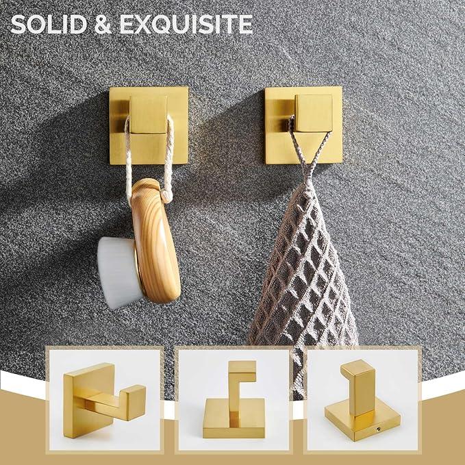 Angle Simple Towel Hook Brassy Gold 2 Pack, 304 Stainless Steel Square Robe Hook for Bathroom - ModernBath