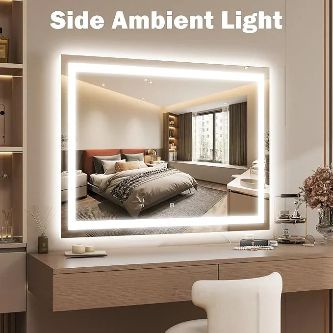 ROLOVE 40x28 Inch Lighted Vanity Mirror, 3-Color Lighting & Dimmable Modes, Large LED Makeup Mirror for Bathroom/Dressing Room (Wall/Tabletop Mount, White) - ModernBath