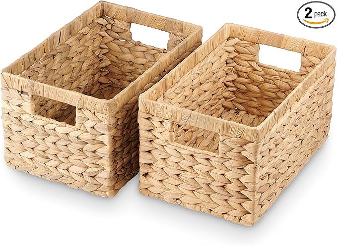 Water Hyacinth Storage Baskets Set of 2 - Medium Decorative Wicker Baskets for Organizing Shelves, Rectangular Woven Storage Bins with Handles for Pantry, Bathroom, Living Room 13"x9"x7" - ModernBath