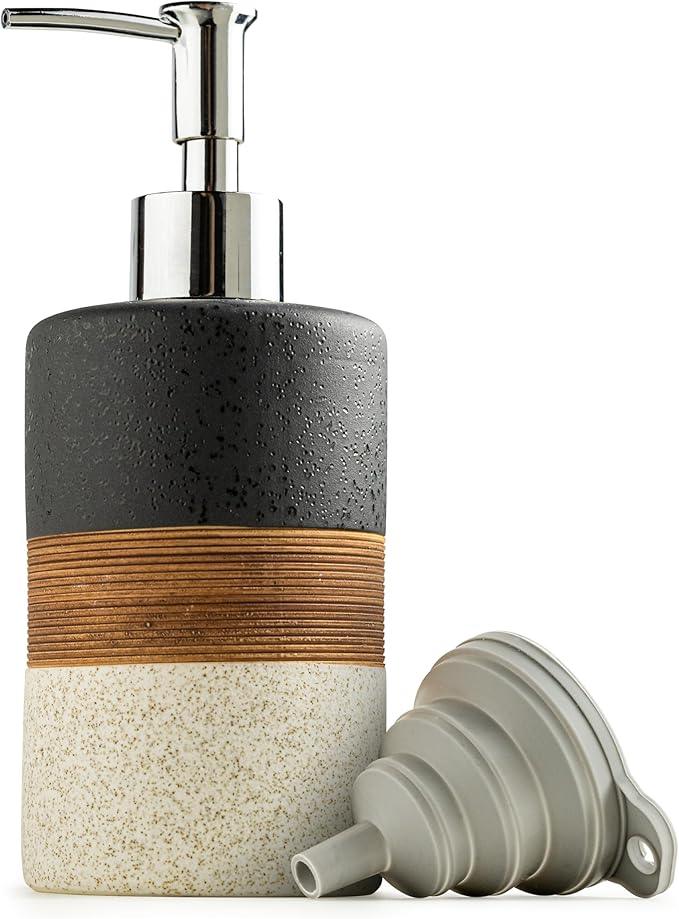 Cormomu Dish Soap Dispenser Set with Silicone Funnel, Hand Soap, Shampoo, Body Wash, Ceramic Liquid Soap Dispenser for Kitchen and Bathroom Countertops, Stainless Steel Pump, Non Slip, 12 Oz, Black - ModernBath