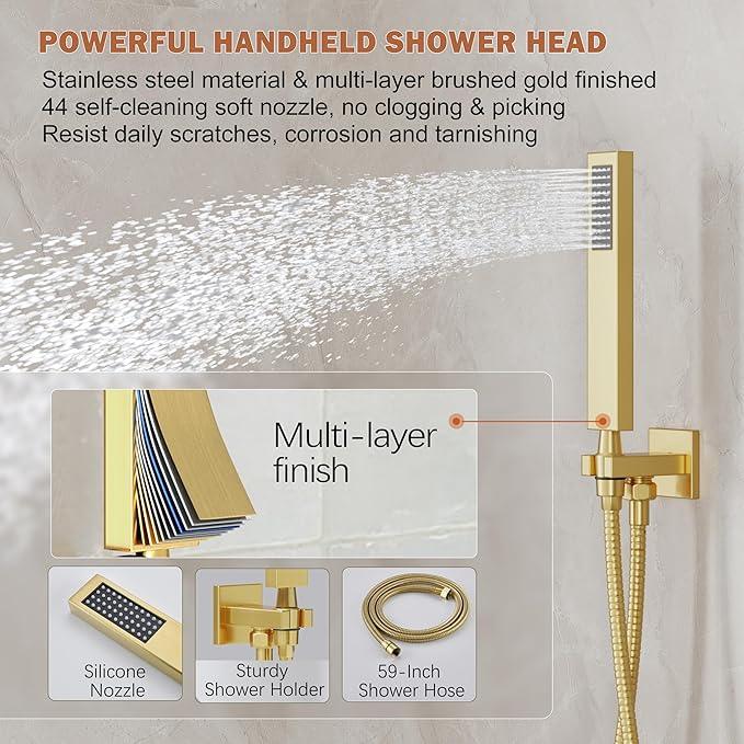 HoliSpa Gold Shower System, Shower Faucet Set with 10-Inch Rain Showerhead and Handheld Spray, Wall Mounted High-Pressure Showerhead Combo Set Included Valve and Trim, Brushed Gold - ModernBath