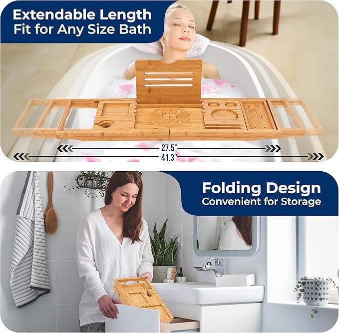SereneLife Premium Foldable Bathtub Tray with Gift Box and Bow Set, Expandable Bath Tray, Unique House Warming Gifts, for Mom, Women, New Home, Wedding, Anniversary, Bridal Shower, Fit for All Tub - ModernBath
