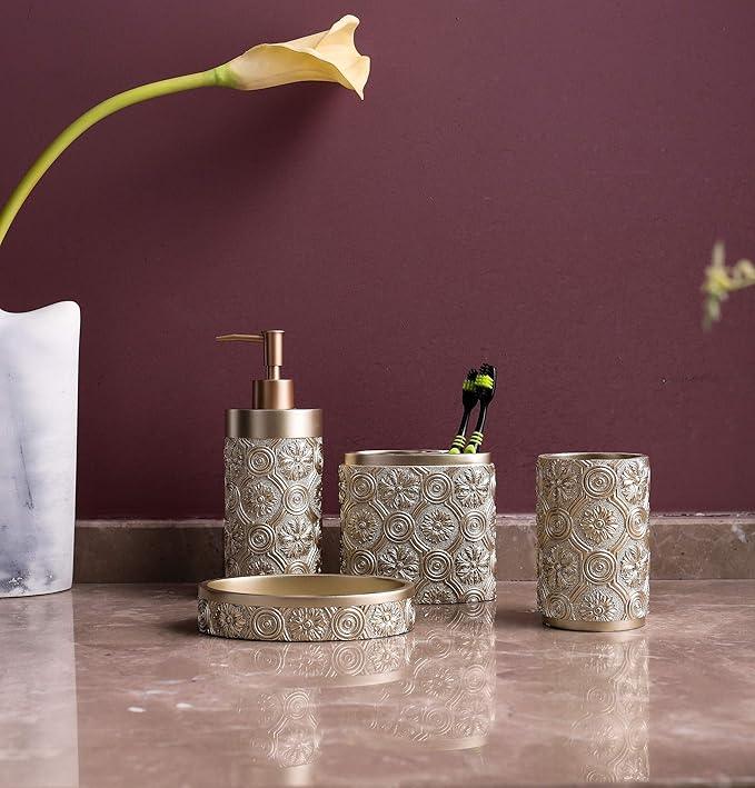 Hymmah Bathroom Accessories Set,Golden Design Toothbrush Holder,Farmhouse Bathroom Decor,4 Pcs Resin Gift Set Apartment Necessities, Contain Toothbrush Cup,Soap Dispenser,Soap Dish,Tumbler - ModernBath