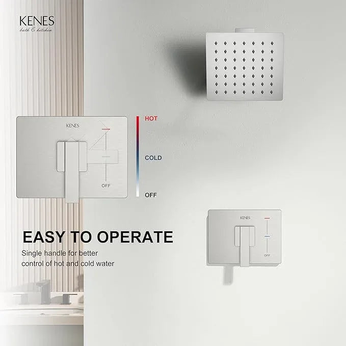 KENES Brushed Nickel 6-Inch Shower Head and Handle Set, Square Shower Faucet Set Bathroom Rainfall Shower System Wall Mount, KE-6025B (Shower Valve Included) - ModernBath
