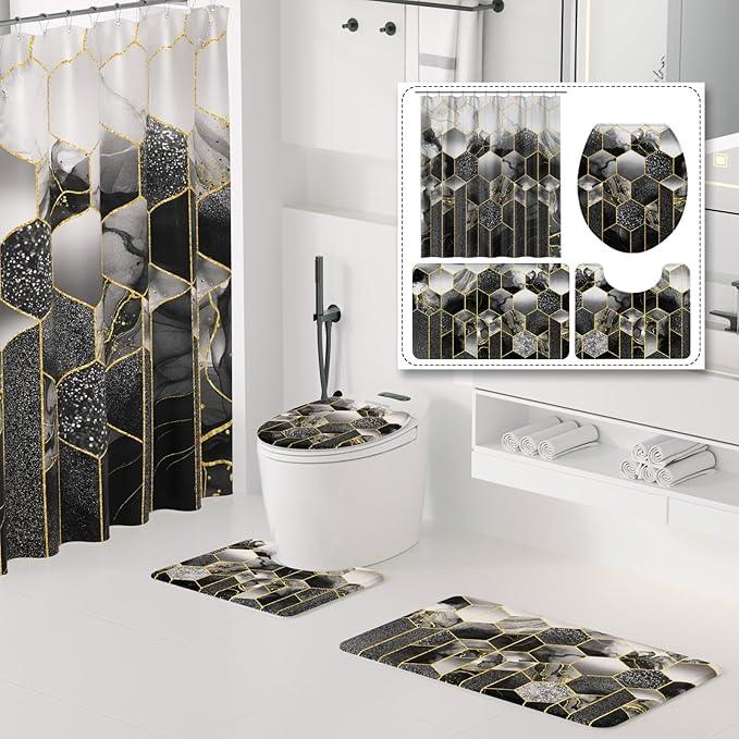 XLHOMO Bathroom Sets with Shower Curtain and Rugs - 4PC Black Geometric Shower Curtain Set with 12 Hooks, Toilet Cover, U-Shaped Mat and Rugs Modern Abstract Bathroom Accessories for Bathroom - ModernBath