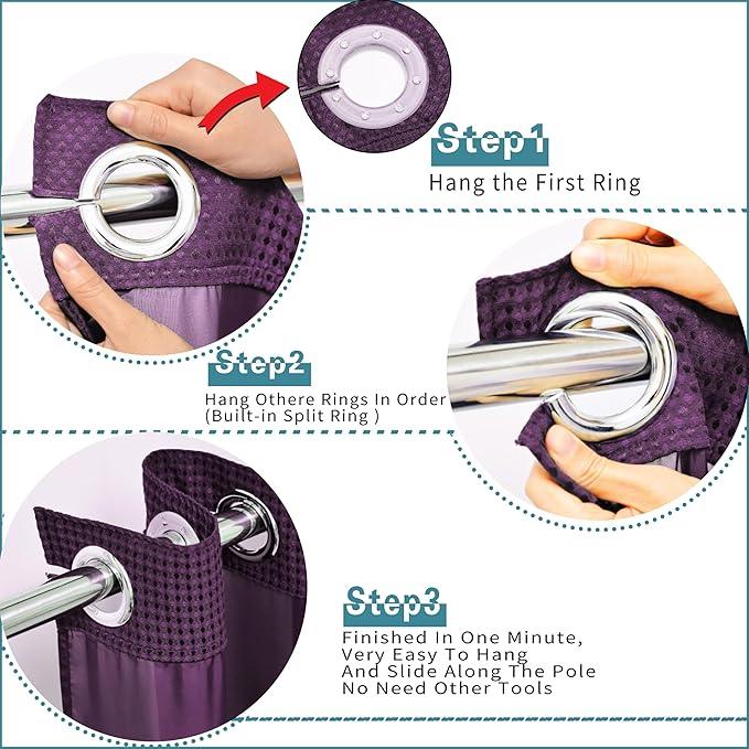 Conbo Mio Extra Long No Hook Waffle Weave Shower Curtain with Snap in Liner Set, Hotel Luxury Purple Shower Curtains for Bathroom with See Through Top Window, Waterproof, Washable 71W x 84H - ModernBath