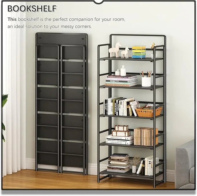 4NM No Assembly 5 Tiers Folding Bookshelf Storage Shelves Vintage Bookcase Standing Racks Study Organizer Home Office (All Black) - ModernBath