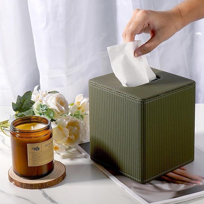 DODAMOUR Elegant Faux Leather Tissue Box Cover, Ribbed Design with Weighted Base & Magnetic Closure - Modern Decor for Bathroom, Bedroom or Office (Olive Green) - ModernBath
