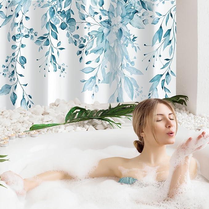 Gibelle Long Shower Curtain 72 x 78, Tall Spa Blue Floral Shower Curtain for Bathroom, Watercolor Plant Eucalyptus Leaves Fabric Shower Curtain Set - ModernBath