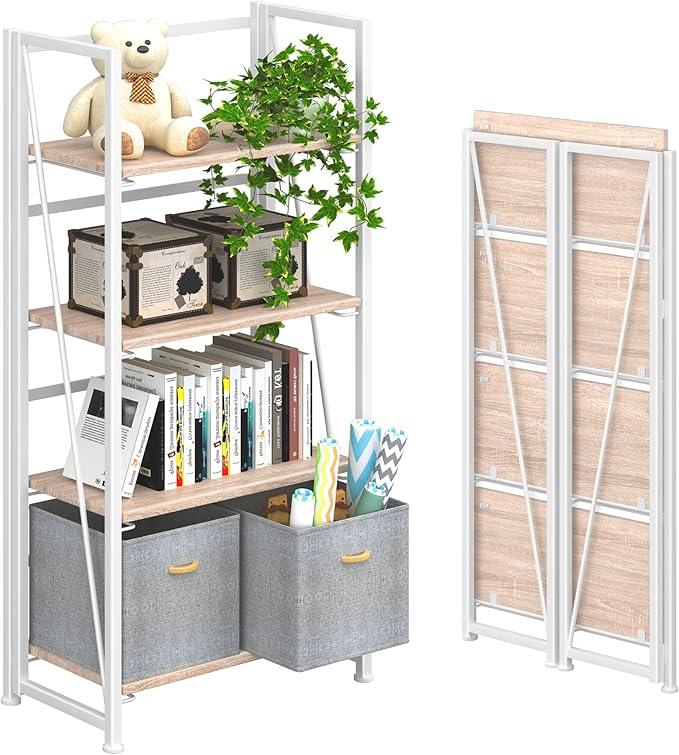 4NM No Assembly Folding Bookshelf Storage Shelves 4 Tiers Vintage Bookcase Standing Racks Study Organizer Home Office (Natural White) - ModernBath