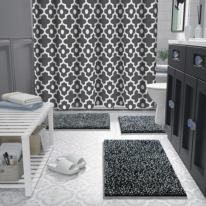 Yimobra Luxury Chenille U-Shaped Toilet Rug, Super Soft Shaggy Contour Bath Mat for Bathroom Floor, Fluffy, Water Absorbent, Non Slip, Machine Washable, Dry Quickly, 24''x 20'', Black & Dark Grey - ModernBath