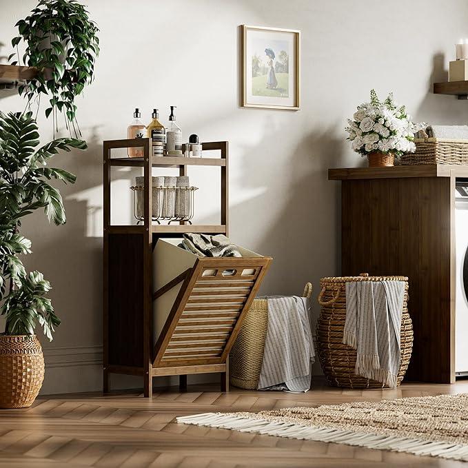 HITNET Bamboo Tilt Out Laundry Hamper, Bathroom Storage Cabinet with Hidden Removable Basket and 2 Open Shelves, Space Saving Bamboo Storage for Clothes, Towels and Toys, Walnut - ModernBath