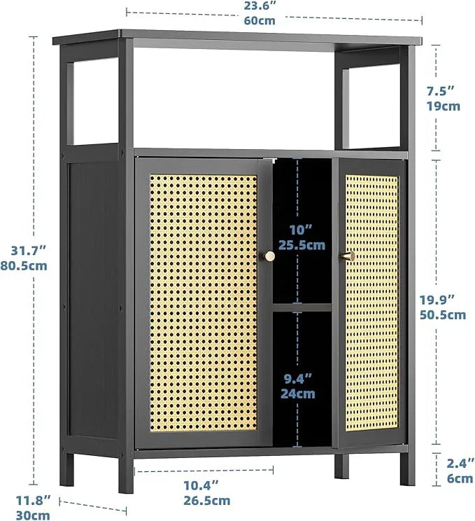HITNET Bamboo Floor Cabinet, Bathroom Storage Cabinet with 2 Rattan Doors and Shelves, Space Saving Freestanding Kitchen Cupboard, Black - ModernBath