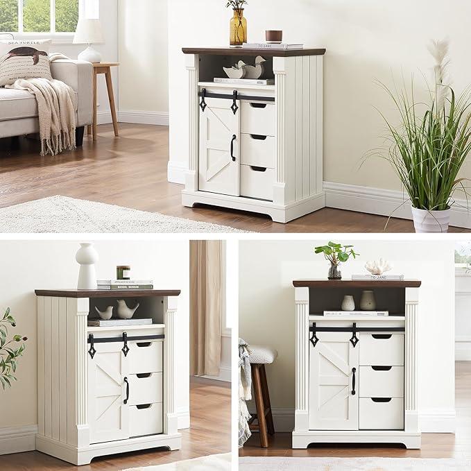 Bathroom Floor Cabinet, Farmhouse Storage Cabinet with Sliding Barn Door, Small Storage Cabinet with Drawer for Bathroom, Kitchen, Living Room, Rustic Style (Antique White) - ModernBath