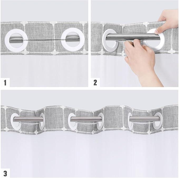 MitoVilla No Hooks Required Farmhouse Shower Curtain with Snap-in Liner - with Window & Magnets, Boho Cotton Linen Fabric Shower Curtains with Tassels for Rustic Bathroom Decor, Grey, 72 x 74 - ModernBath