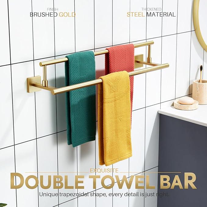 KOKOSIRI 24-Inch Towel Bars Double Bath Towel Rails Bathroom Holder Racks for Cabinet Kitchen Brushed Gold Stainless Steel B5009BG-L24 - ModernBath