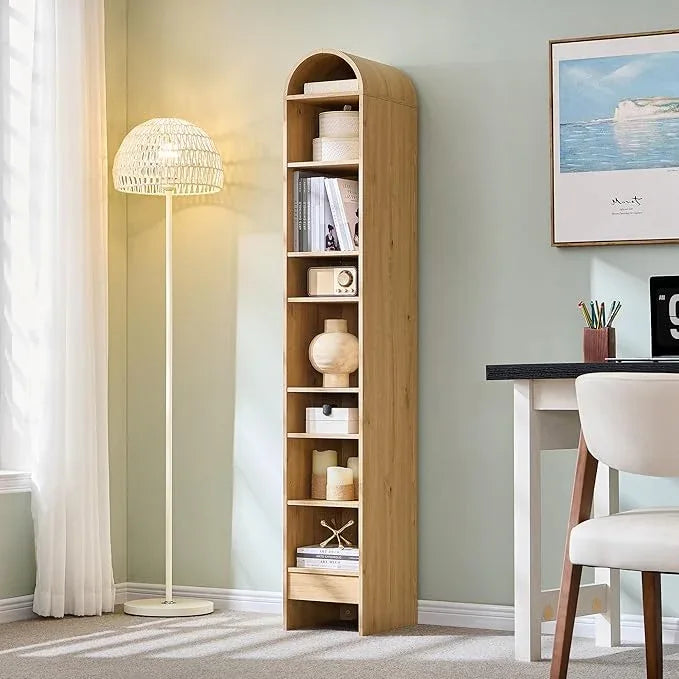 67" Tall Arched Bathroom Storage Cabinet, 8-Tier Modern Farmhouse Storage Cabinet with Adjustable Shelves, Wood Freestanding Cabinet for Bathroom, Living Room, Entryway, Hallway (Natural) - ModernBath