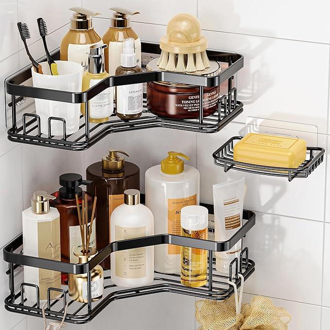 MAXIFFE 3 Pack Corner Shower Caddy with Soap Holder, Large Capacity Sturdy Easy Install No Drilling Stainless Steel Hold 40 LBS Shower Organizer Shelves Rack Storage for Family Renters Bathroom, Black - ModernBath