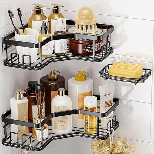 MAXIFFE 3 Pack Corner Shower Caddy with Soap Holder, Large Capacity Sturdy Easy Install No Drilling Stainless Steel Hold 40 LBS Shower Organizer Shelves Rack Storage for Family Renters Bathroom, Black - ModernBath