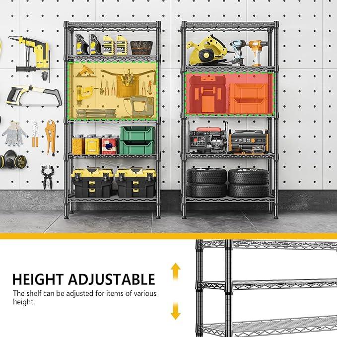 1250 lbs 5 Tier Shelf Metal Storage Shelves Shelving Wire Rack Heavy Duty Closet Organizers for Garage Kitchen Bathroom Laundry Black 13.8" D x 29.5" W x 59.5" H - ModernBath