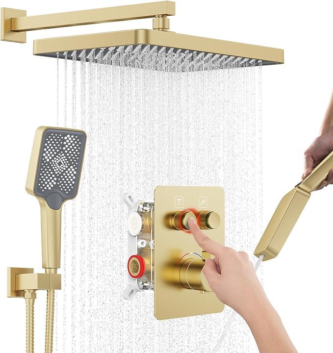 Thermostatic Shower System 13-Inch Rainfall Shower Head - 3 Setting Handheld Sprayer, Complete Bathroom Set with Faucet Mixer Trim Kit & Valve Brushed Gold - ModernBath