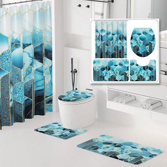 XLHOMO Bathroom Sets with Shower Curtain and Rugs - 4PC Teal Geometric Shower Curtain Set with 12 Hooks, Toilet Cover, U-Shaped Mat and Rugs Modern Abstract Bathroom Accessories for Bathroom - ModernBath