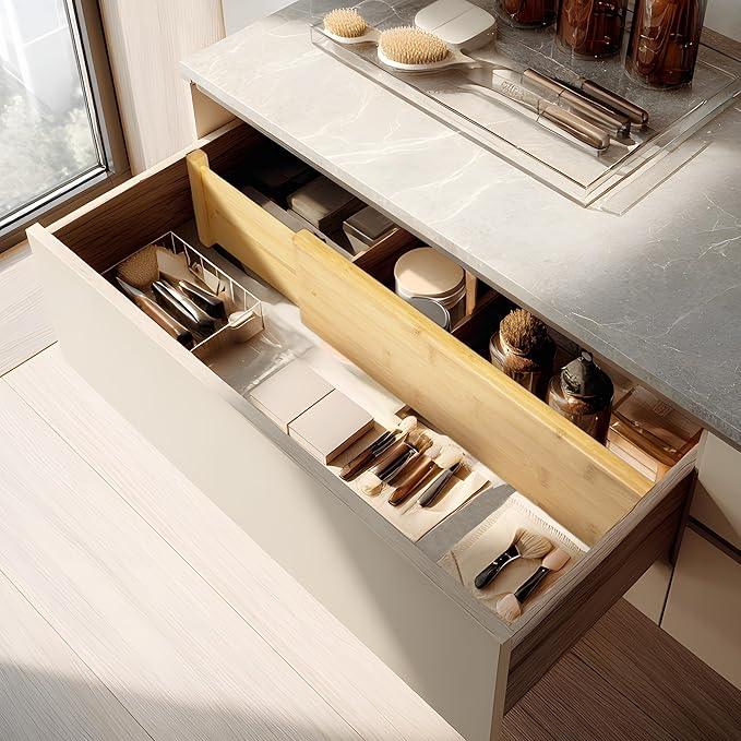 VaeFae 3 Pack Bamboo Drawer Dividers, 4" High Adjustable 16.6" - 21.8" Clothes Drawer Organizers, Expandable Separators for Bedroom/Bathroom/Kitchen/Office Storage - ModernBath