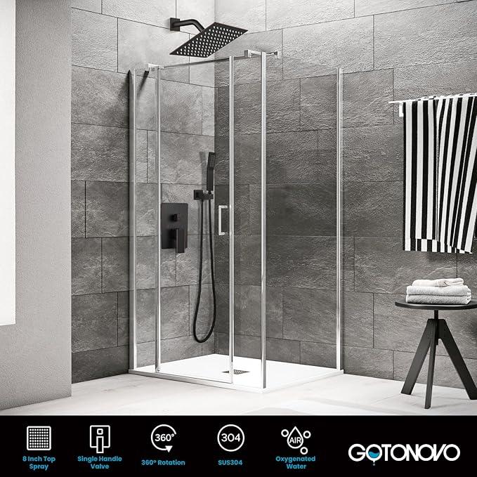 gotonovo Rainfall Bathroom Shower System Rain Shower Head and Handle Set Wall Mounted Shower Complete Combo Solid Brass Pressure Balancing Shower Mixer Valve 8 Inch Oil Rubbed Bronze - ModernBath