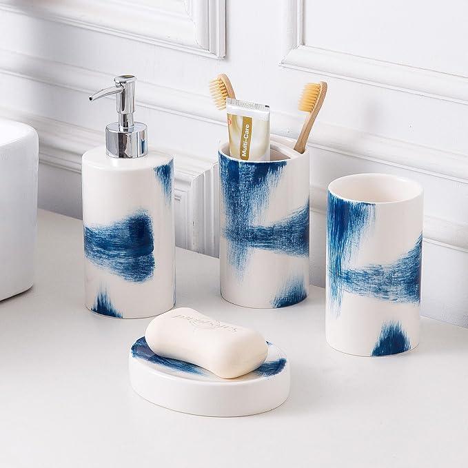 4 Piece Painted Ceramic Bathroom Accessory Set, Includes Soap Dispenser Pump, Toothbrush Holder, Tumbler, Soap Dish Sanitary, Ideas Home Gift for Ware Home Decor Bath(Blue & White) - ModernBath
