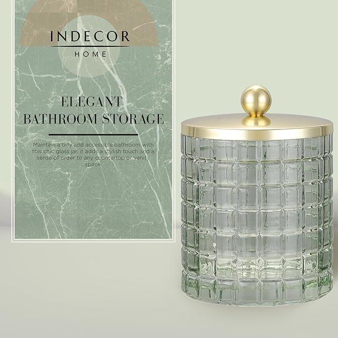 Indecor Home Sage Colored Tranlucent Apothecary Etched Geometric Grid Glass Jar W/Gold Metal Lid Cover for Bathroom Organization, Cotton Balls, Q Tips, and Small Accessories, Bathroom Storage - ModernBath
