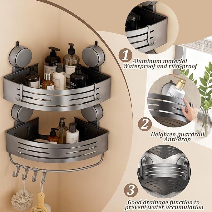 Structoline Corner Suction Cup Shower Caddy(2-Pack Gray),No-Drilling Aluminum Shower Shelf with Towel Bar & Hooks,Removable Bathroom and Kitchen Storage Organizer. - ModernBath
