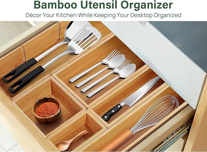Kootek Bamboo Drawer Organizer with Removable Dividers, 6 Pcs Adjustable Kitchen Drawer Organizer Utensils Bamboo Organizers Silverware Storage Box Cutlery Tray Multi-Use for Bathroom, Makeup, Office - ModernBath
