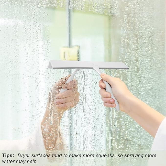 Shower Squeegee for Glass Doors, 11-Inch Silicone Squeegee with Non-Slip Handle and Adhesive Hook for Bathroom, Mirror, Tile, Car Window (White) - ModernBath